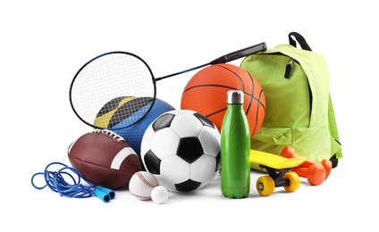 Photo of Many different sports equipment isolated on white