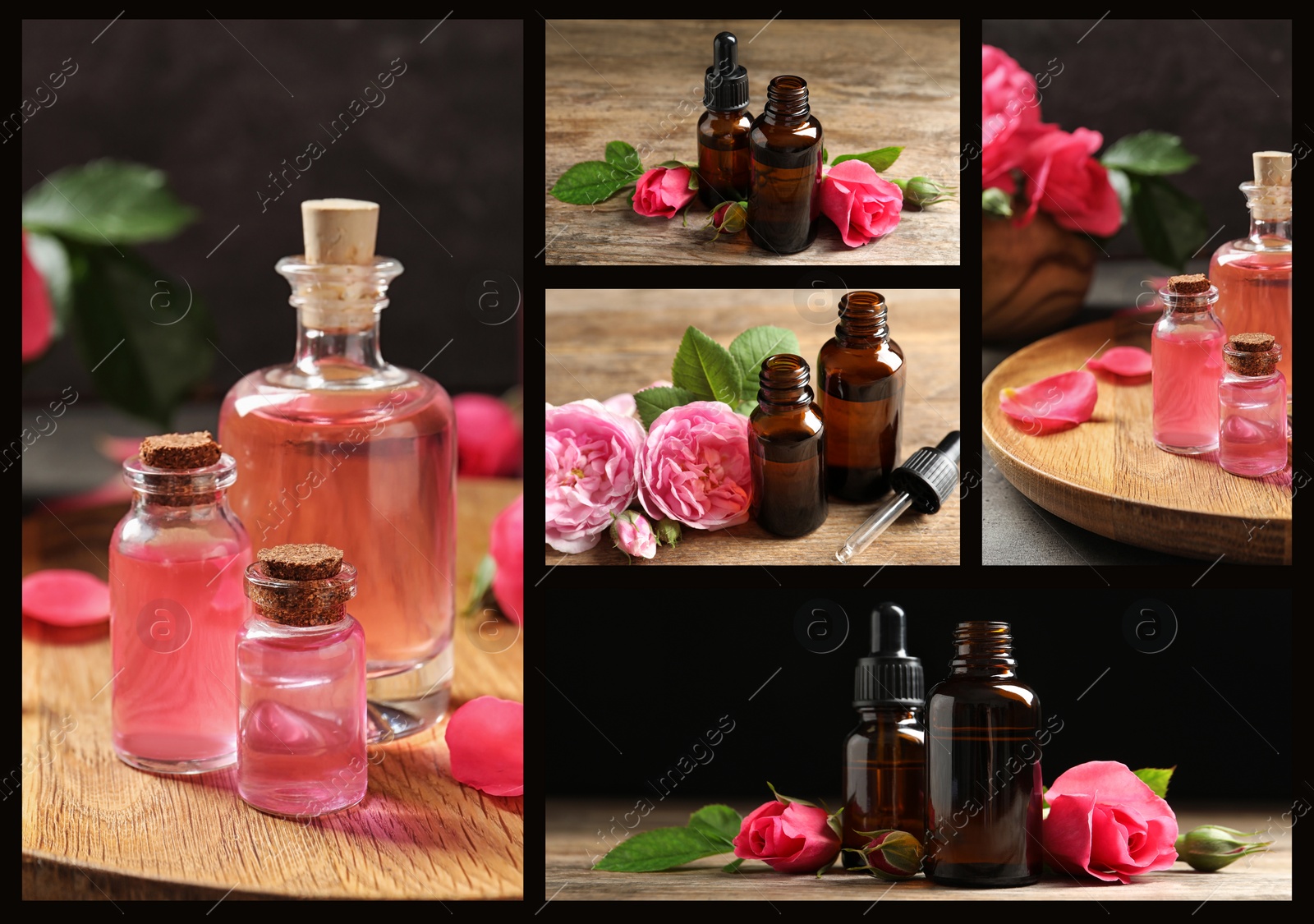 Image of Collage of different photos with essential oils and flowers