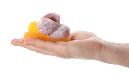 Photo of Woman with different delicious mochi on white background, closeup. Traditional Japanese dessert