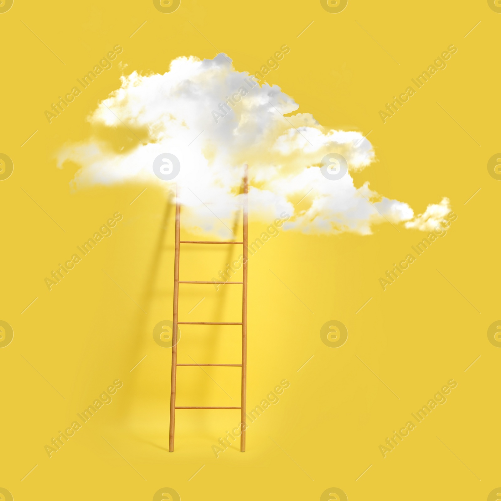 Image of Wooden ladder leading to white cloud on yellow background. Concept of growth and development