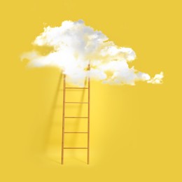 Image of Wooden ladder leading to white cloud on yellow background. Concept of growth and development