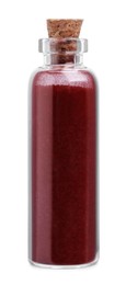 Photo of Glass bottle of burgundy food coloring isolated on white