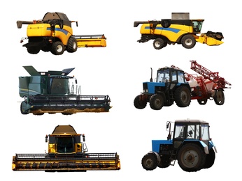 Image of Set of different agricultural machinery on white background