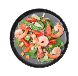 Delicious salad with pomelo, shrimps and tomatoes in plate on white background, top view