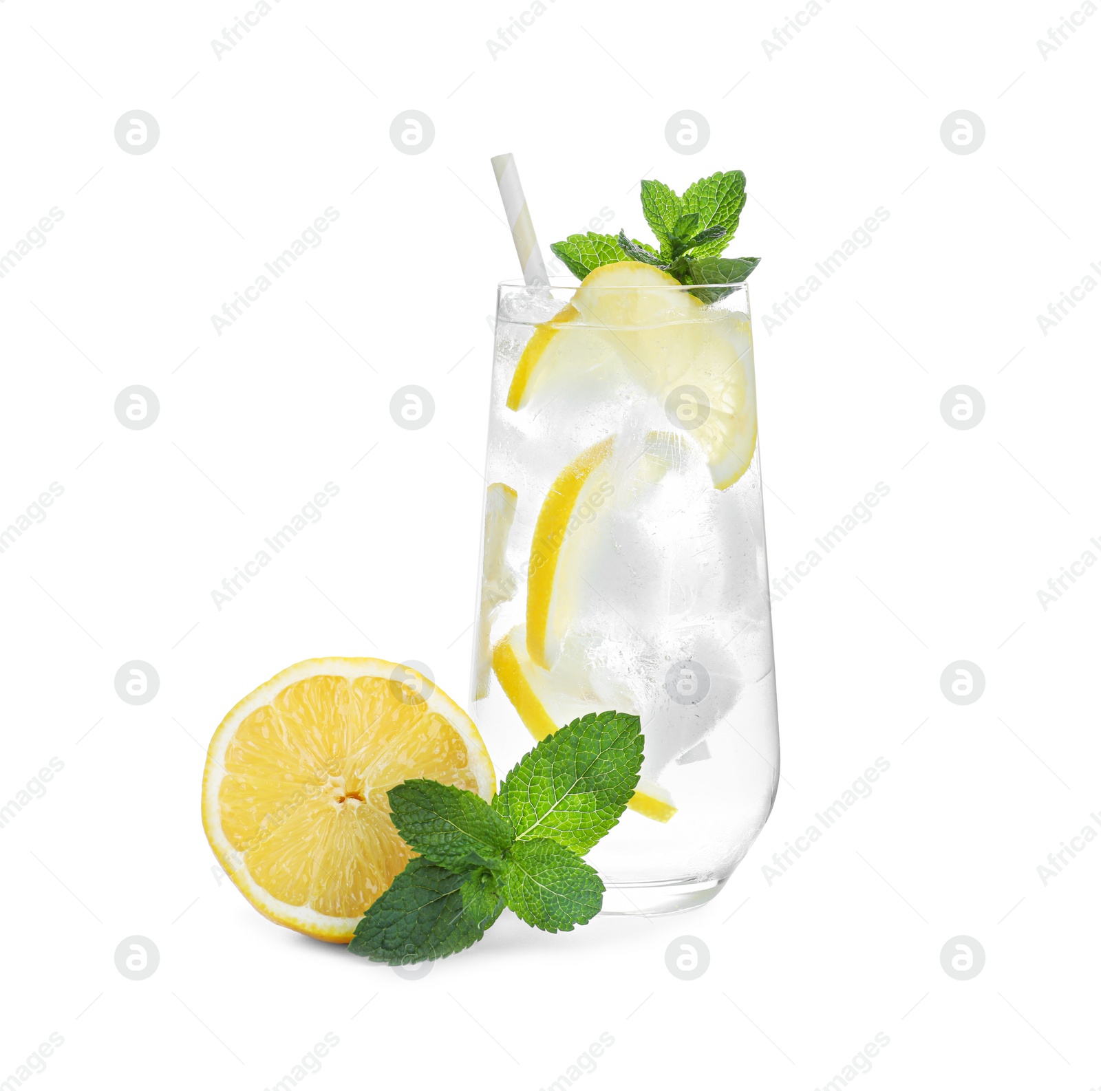 Photo of Delicious lemonade made with soda water isolated on white