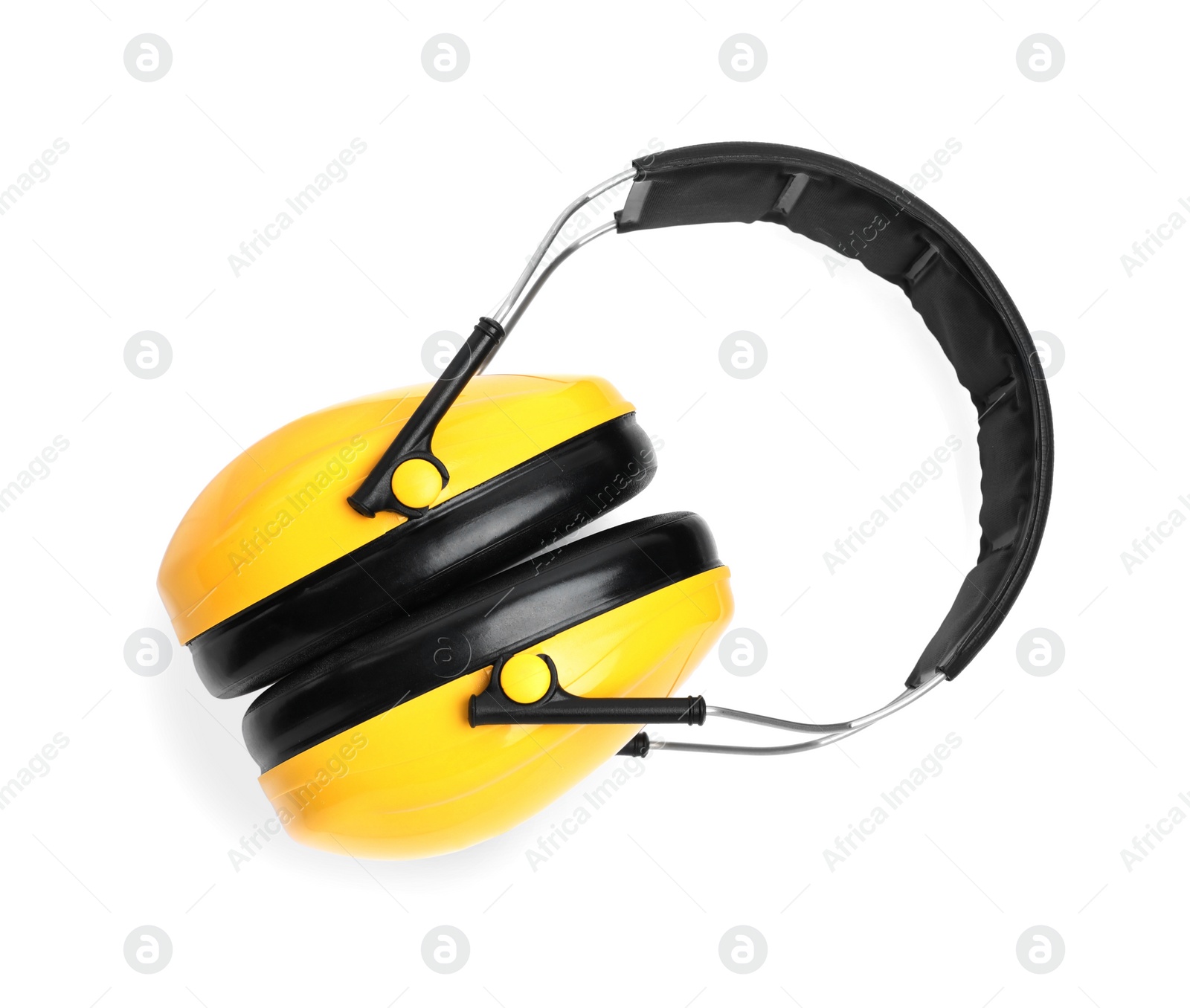 Photo of Protective headphones isolated on white, top view. Safety equipment