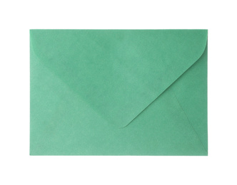 Photo of Green paper envelope isolated on white. Mail service