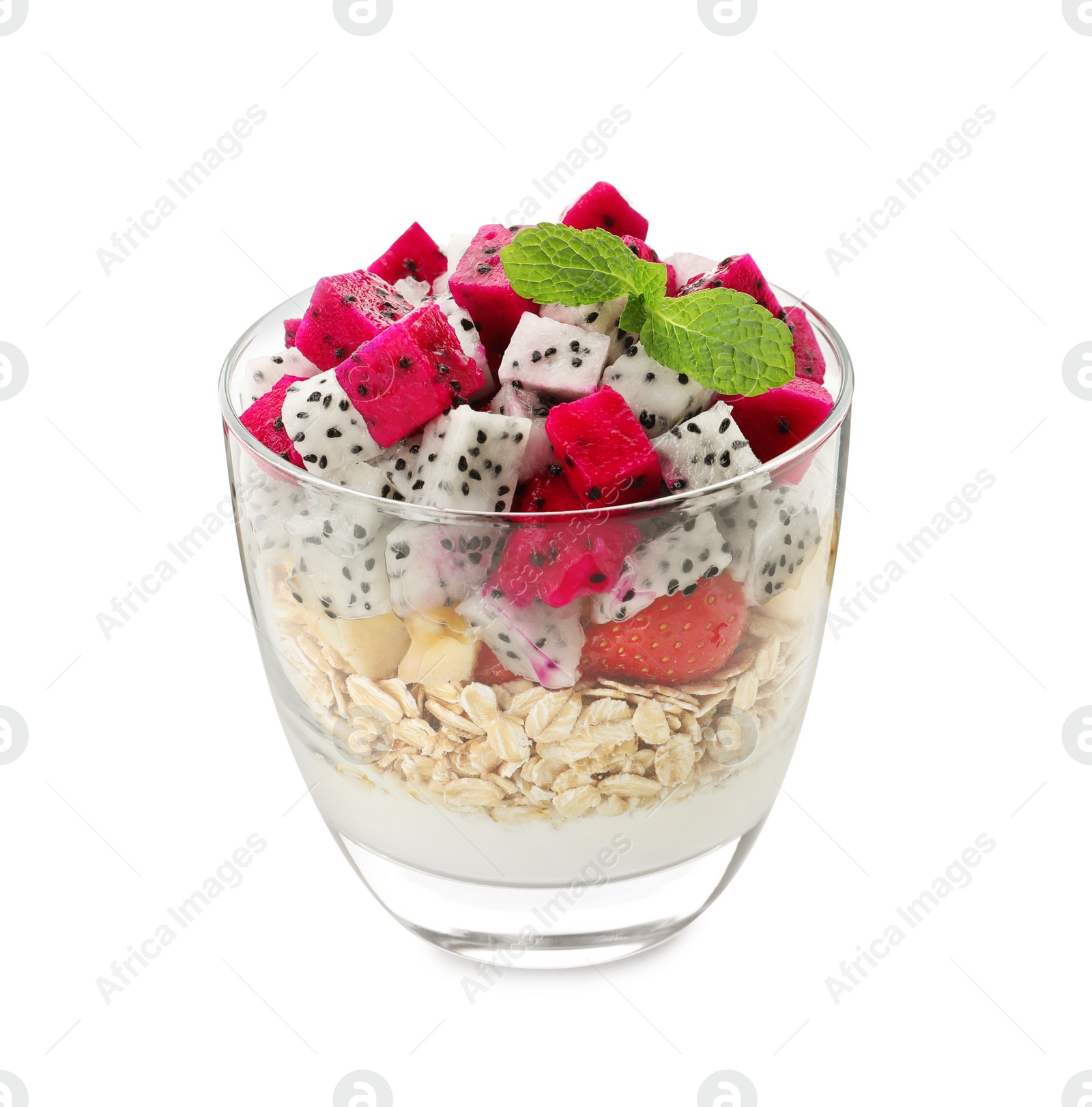 Photo of Glass of granola with different pitahayas, yogurt and mint isolated on white