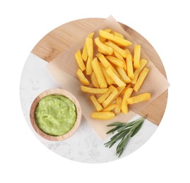 Photo of Tray with delicious french fries, avocado dip and rosemary isolated on white, top view