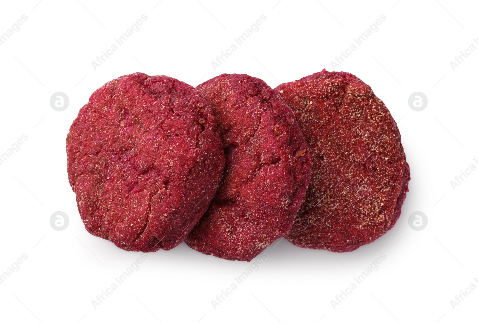 Photo of Three tasty vegan cutlets isolated on white, top view