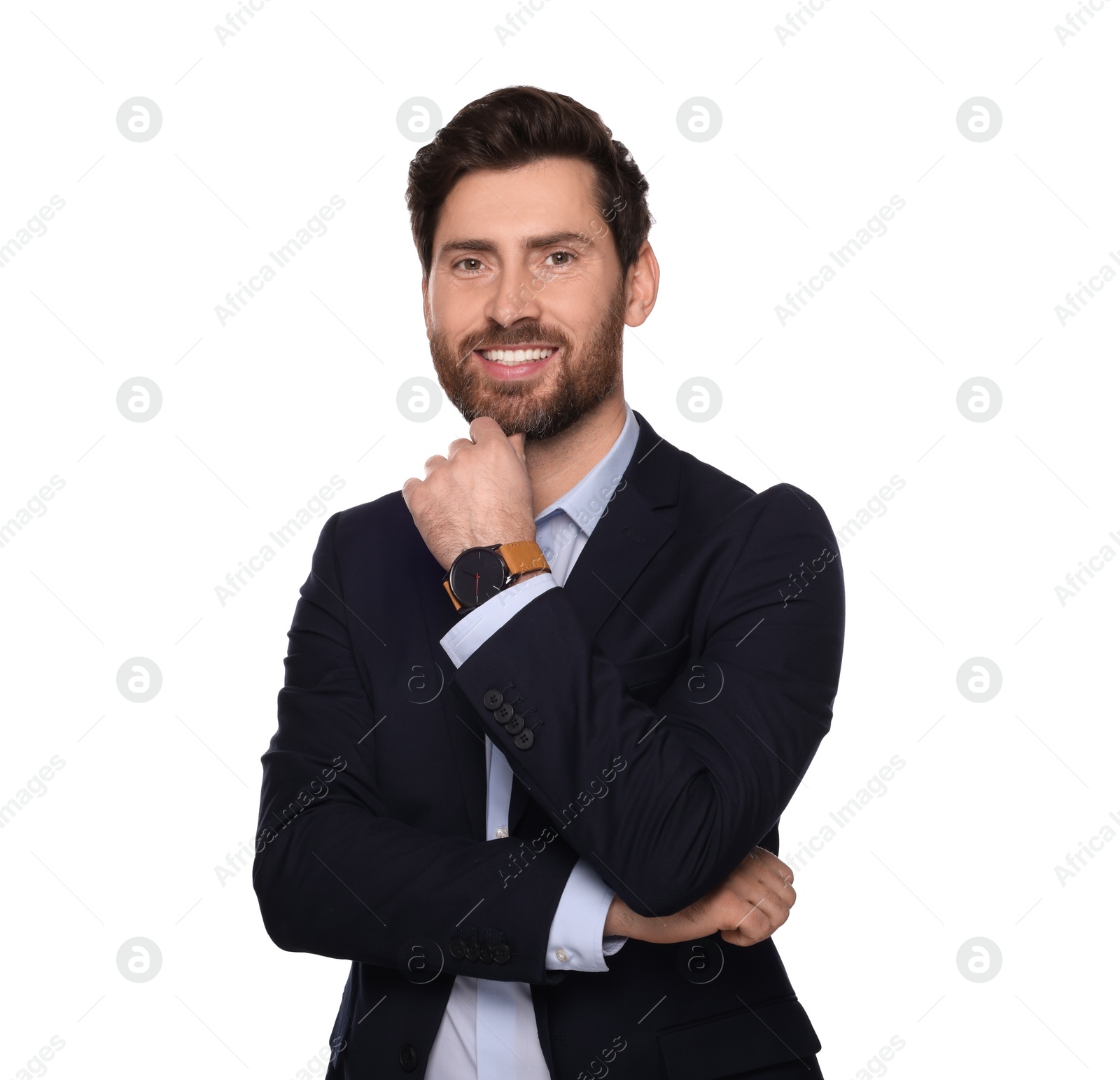 Photo of Portrait of smiling man on white background. Lawyer, businessman, accountant or manager