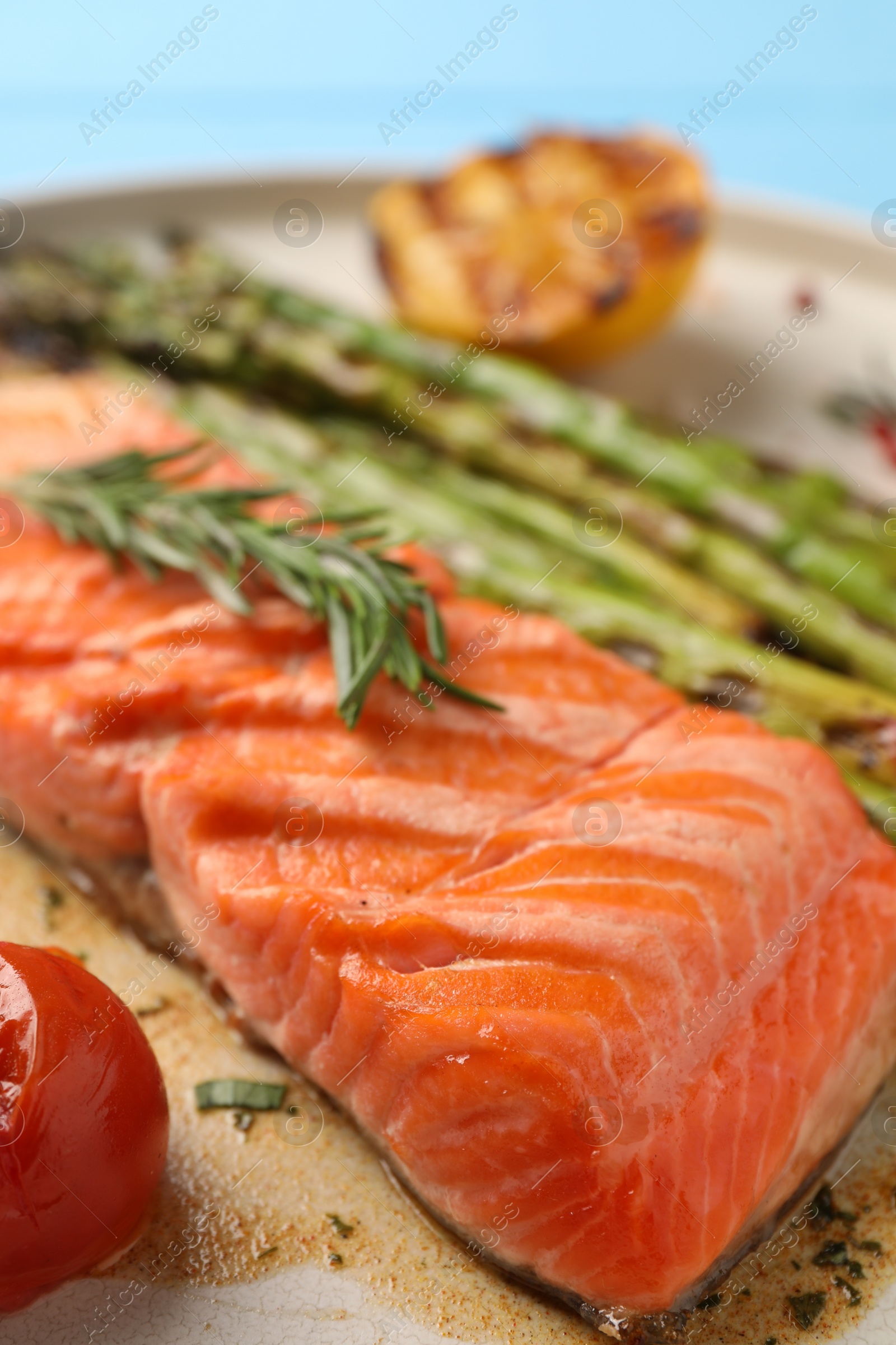 Photo of Tasty grilled salmon with rosemary on plate, closeup