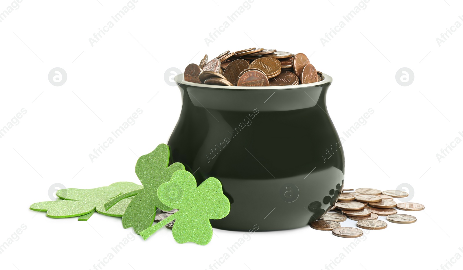 Photo of Pot of gold coins and clover on white background. St. Patrick's Day celebration