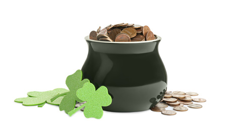 Photo of Pot of gold coins and clover on white background. St. Patrick's Day celebration