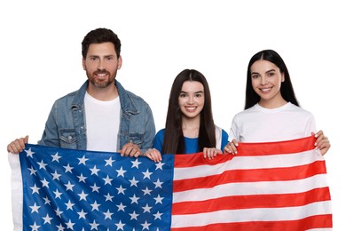 4th of July - Independence day of America. Happy family with national flag of United States on white background