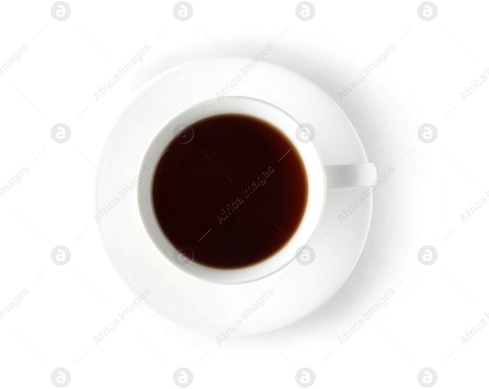 Photo of Cup of tea with saucer on white background, top view