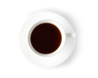 Photo of Cup of tea with saucer on white background, top view