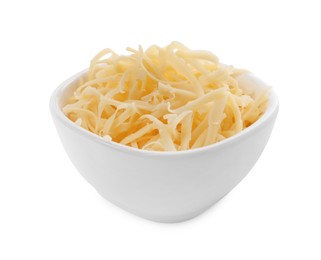 Photo of Tasty grated cheese in bowl isolated on white