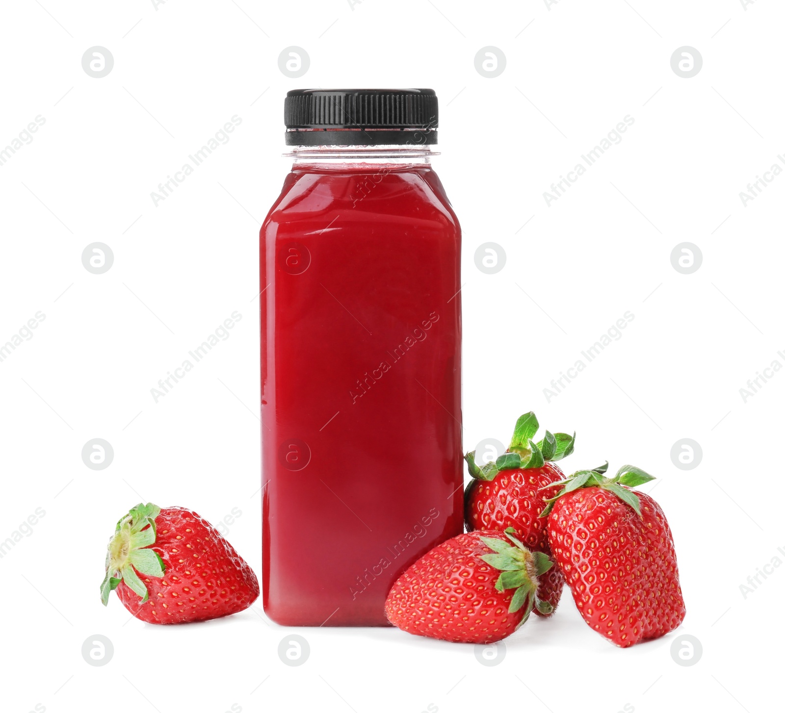 Photo of Bottle with healthy detox smoothie and strawberries on white background