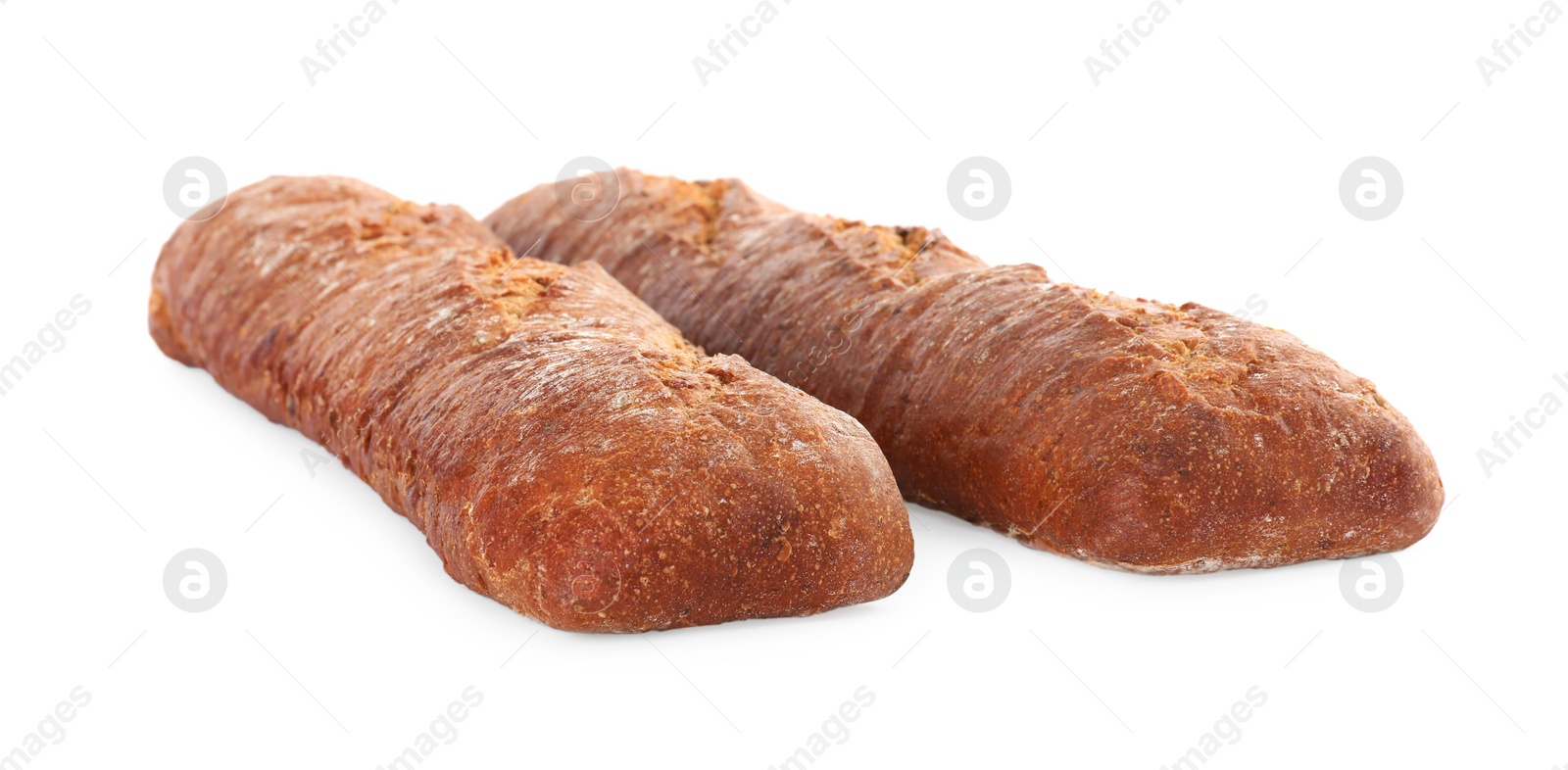 Photo of Tasty rye baguettes on white background. Fresh bread