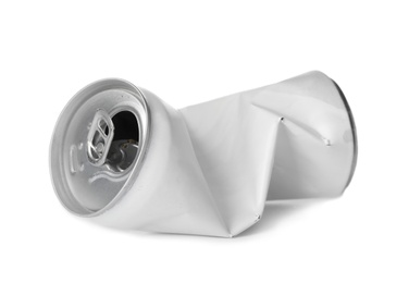 Photo of Empty crumpled aluminum can on white background