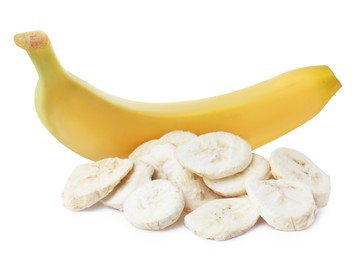 Sweet sublimated and fresh bananas on white background