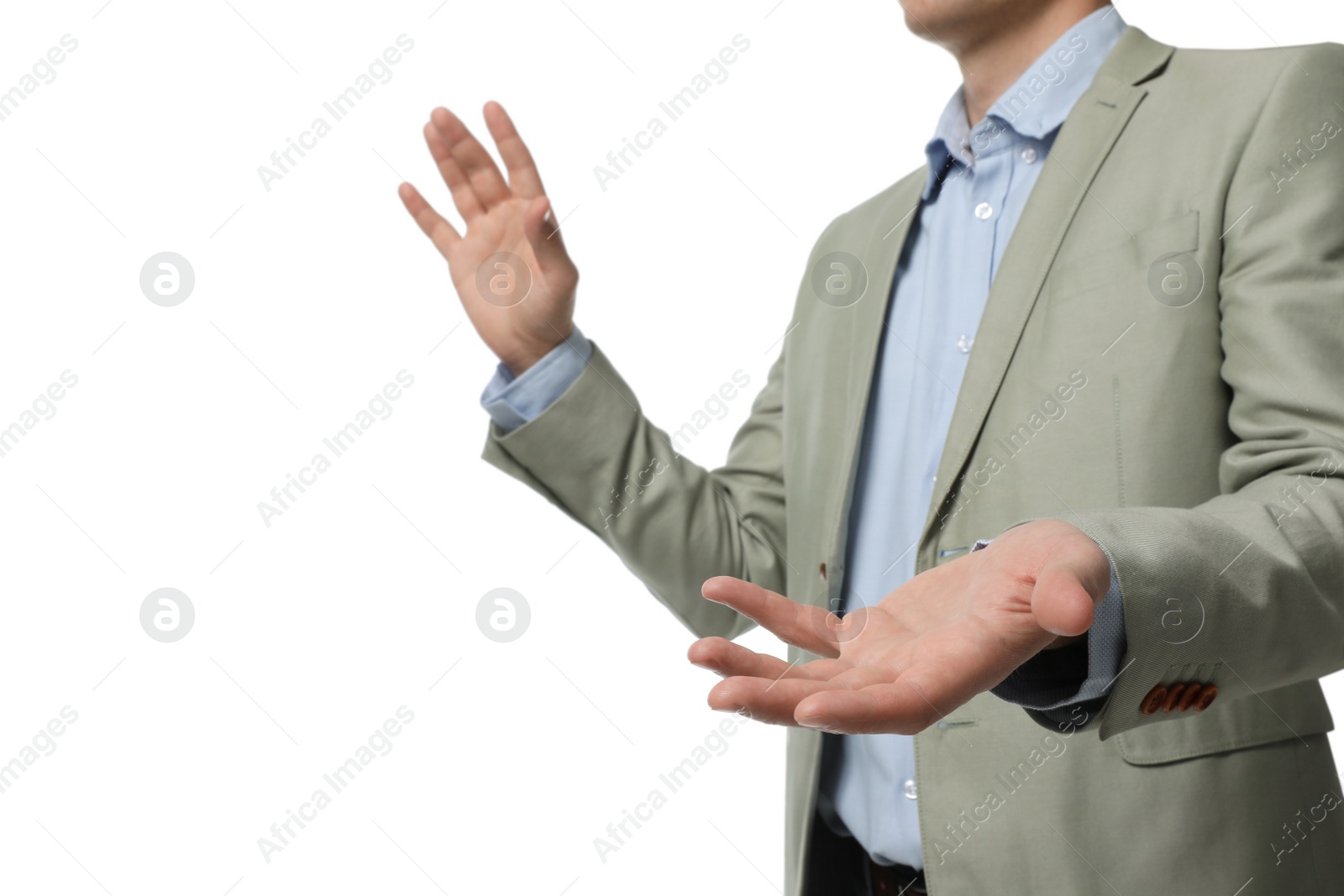 Photo of Businessman holding something on white background, closeup