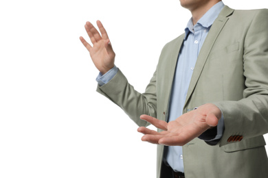 Businessman holding something on white background, closeup