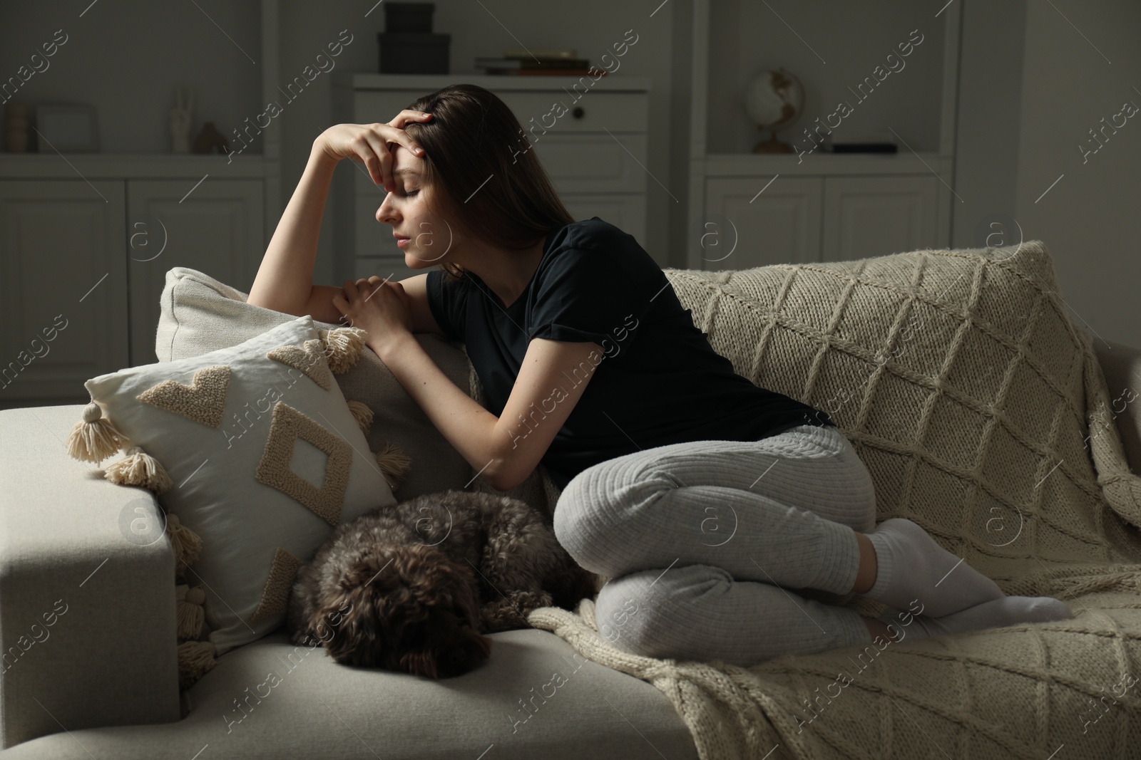 Photo of Sad young woman and her dog on sofa at home