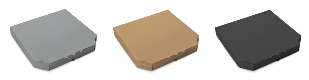 Image of Set of cardboard pizza boxes on white background. Banner design