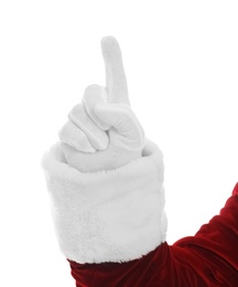 Photo of Santa Claus pointing at something on white background, closeup of hand