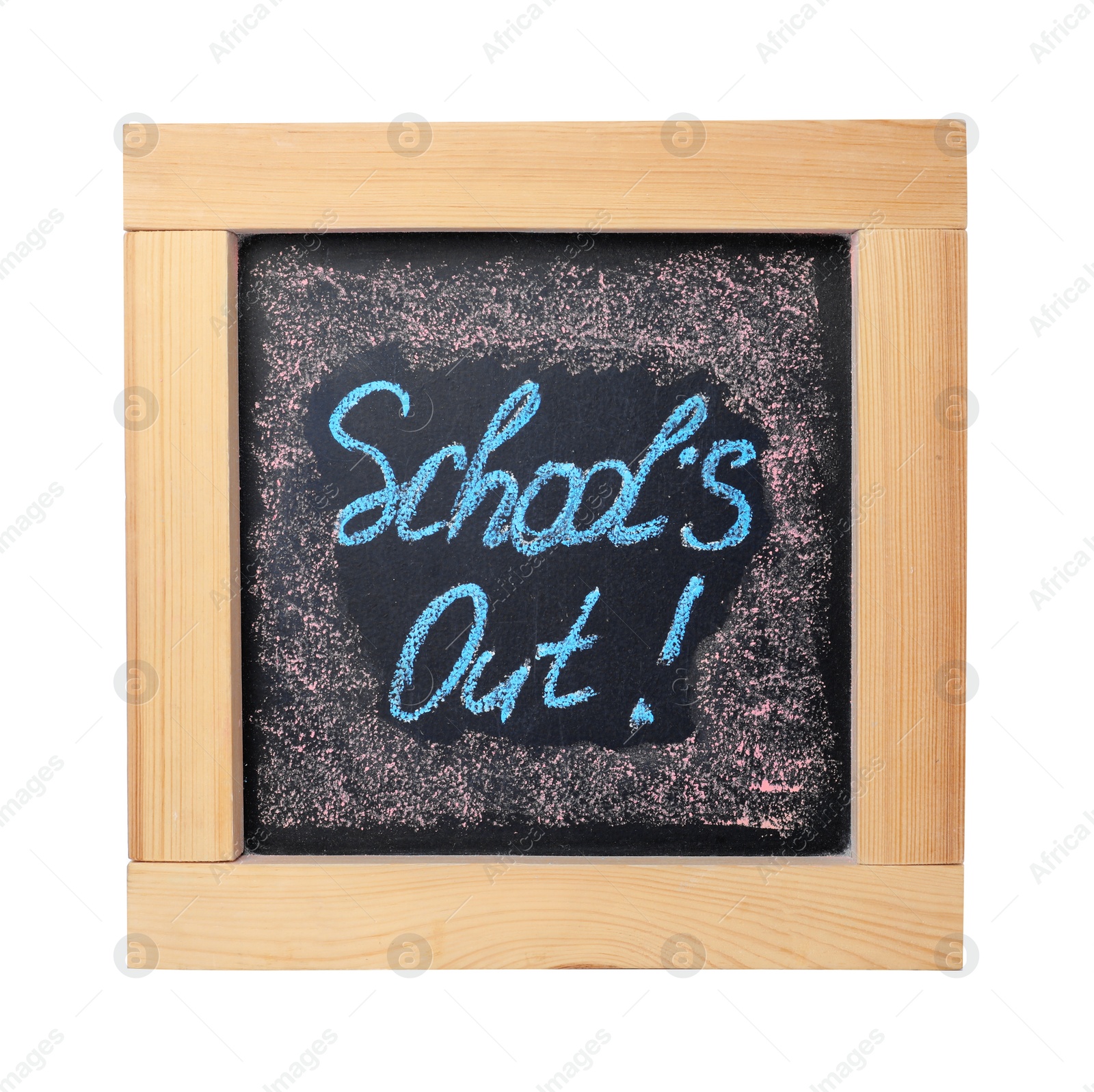 Photo of Chalkboard with text School's Out isolated on white. Summer holidays