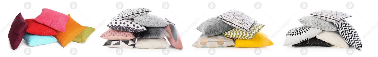 Image of Set with different stylish decorative pillows on white background. Banner design