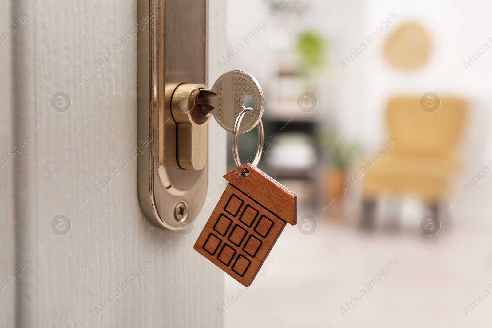 Photo of Open door with key in room, closeup