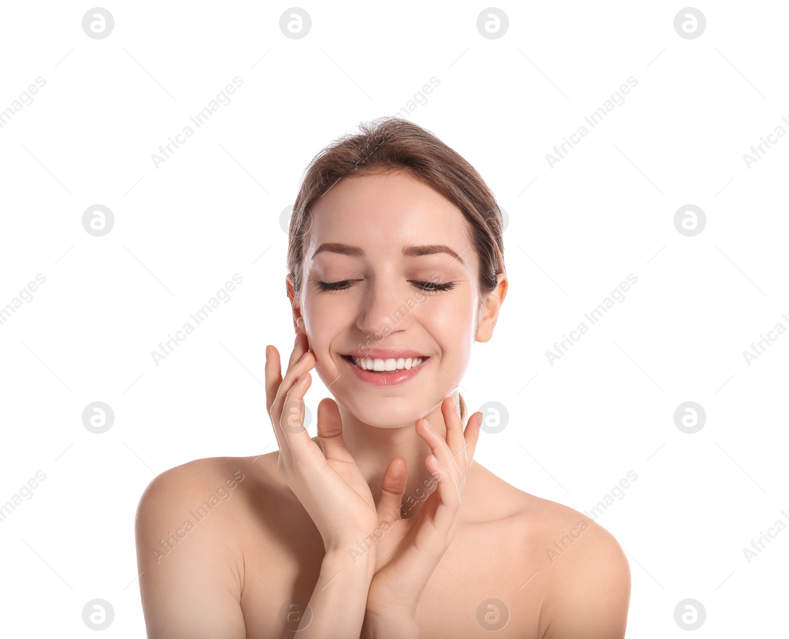 Photo of Portrait of young woman with perfect smooth skin on white background. Beauty and body care