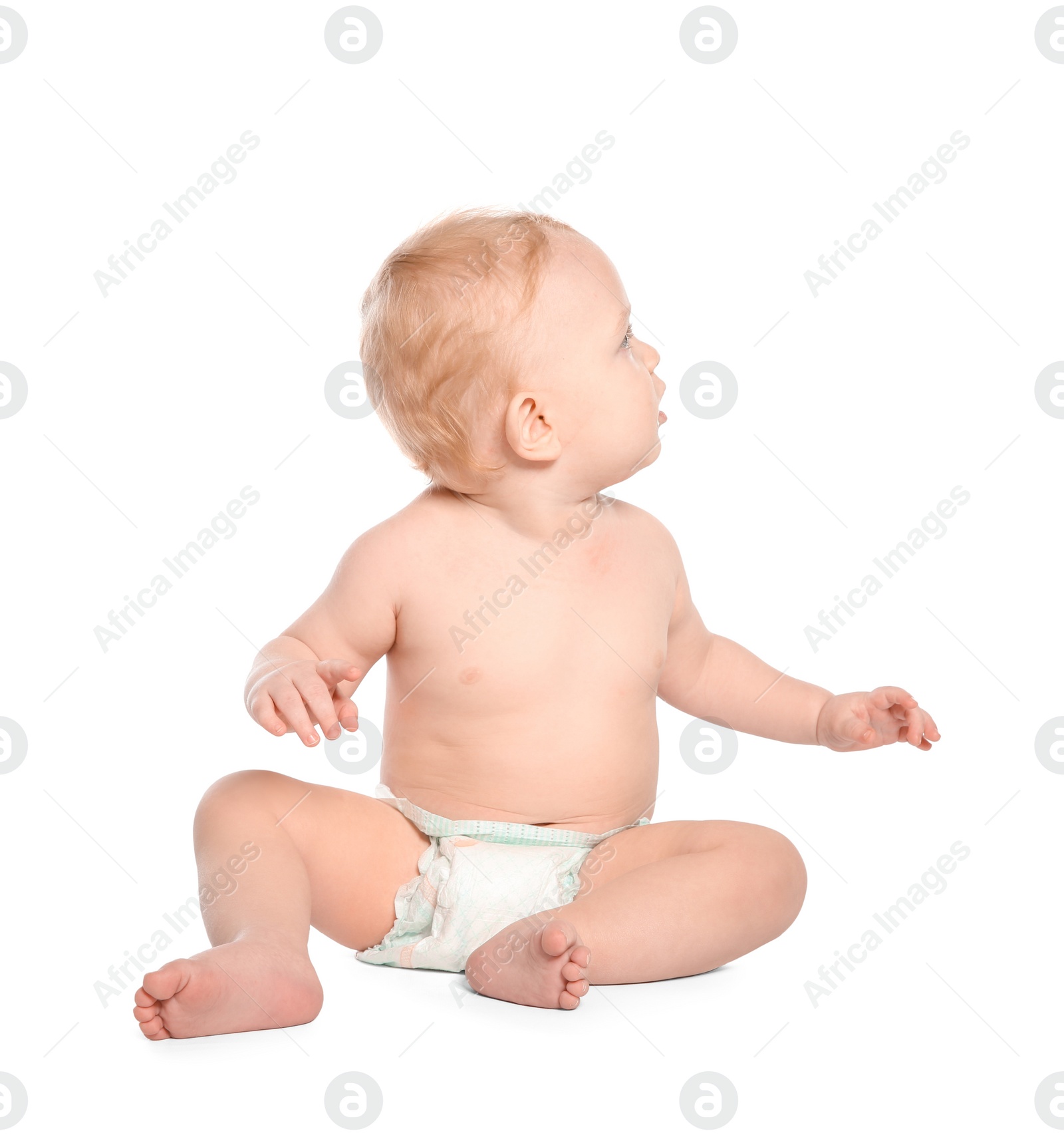 Photo of Cute little baby on white background. Crawling time