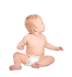 Photo of Cute little baby on white background. Crawling time