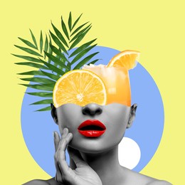 Image of Woman with orange juice and green leaves in head on colorful background. Summer party concept. Stylish creative collage design