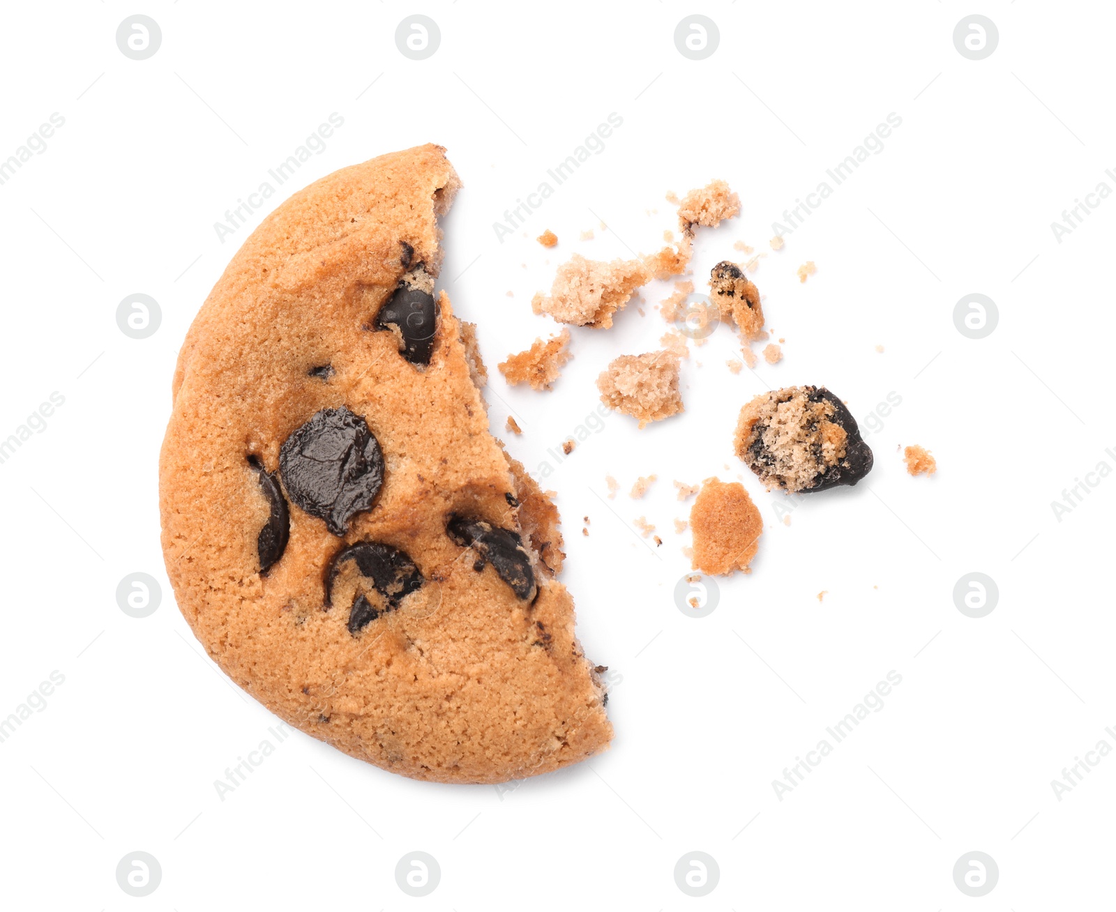 Photo of Piece of delicious chocolate chip cookie isolated on white, top view