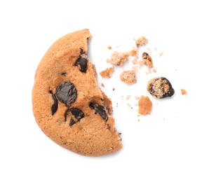 Photo of Piece of delicious chocolate chip cookie isolated on white, top view