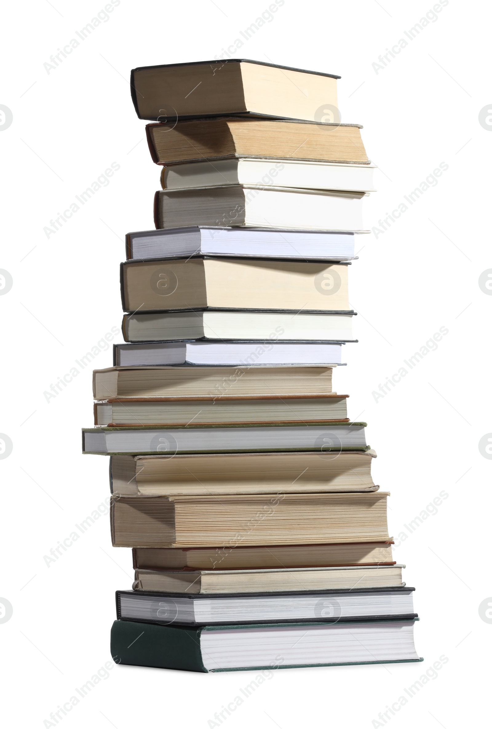 Photo of High stack of many different books isolated on white