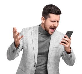 Emotional businessman talking on smartphone against white background