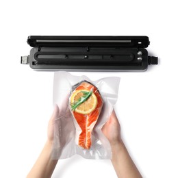 Photo of Woman using vacuum sealer on white background, top view. Salmon with lemon in pack