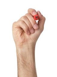 Photo of Man holding red marker on white background, closeup