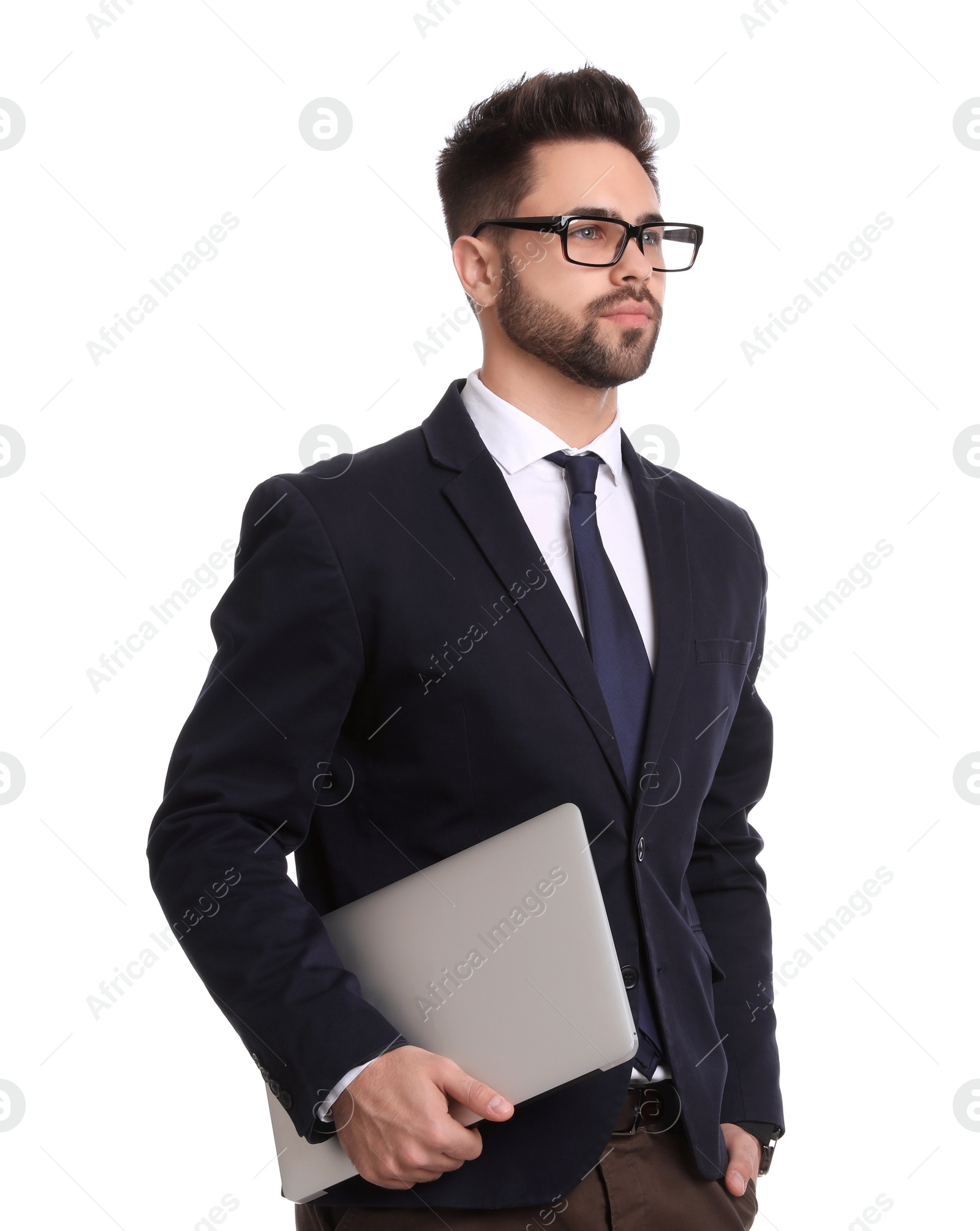 Photo of Young businessman with laptop on white background