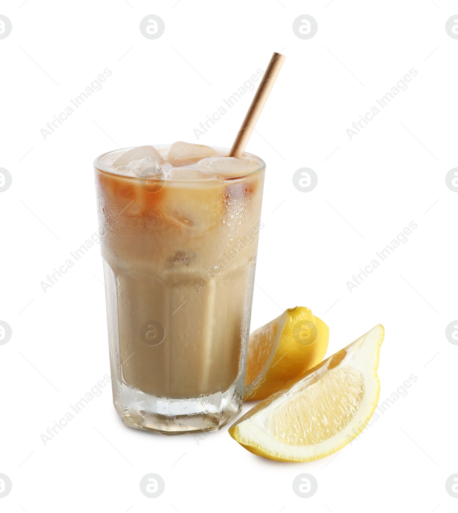 Photo of Iced coffee with milk in glass and cut lemon isolated on white