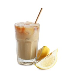 Photo of Iced coffee with milk in glass and cut lemon isolated on white