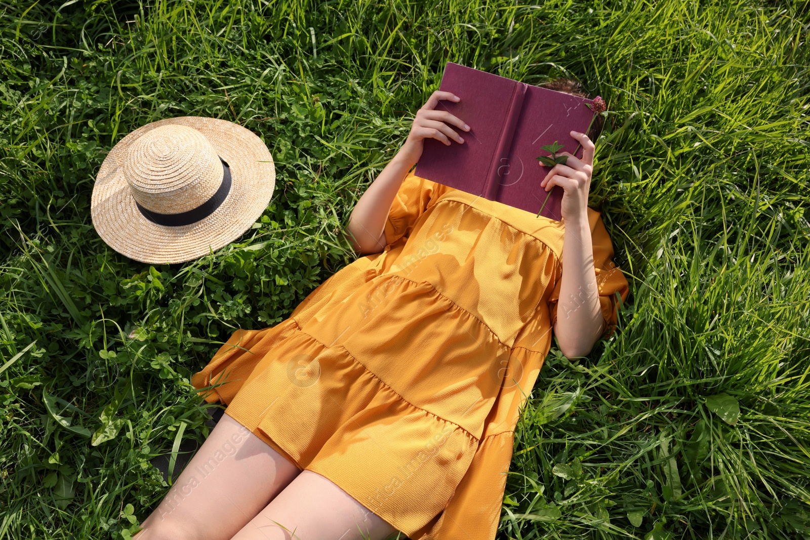 Photo of Woman reading book on green meadow, above view