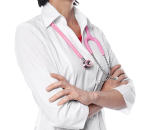 Photo of Female doctor with pink stethoscope on white background, closeup. Breast cancer concept