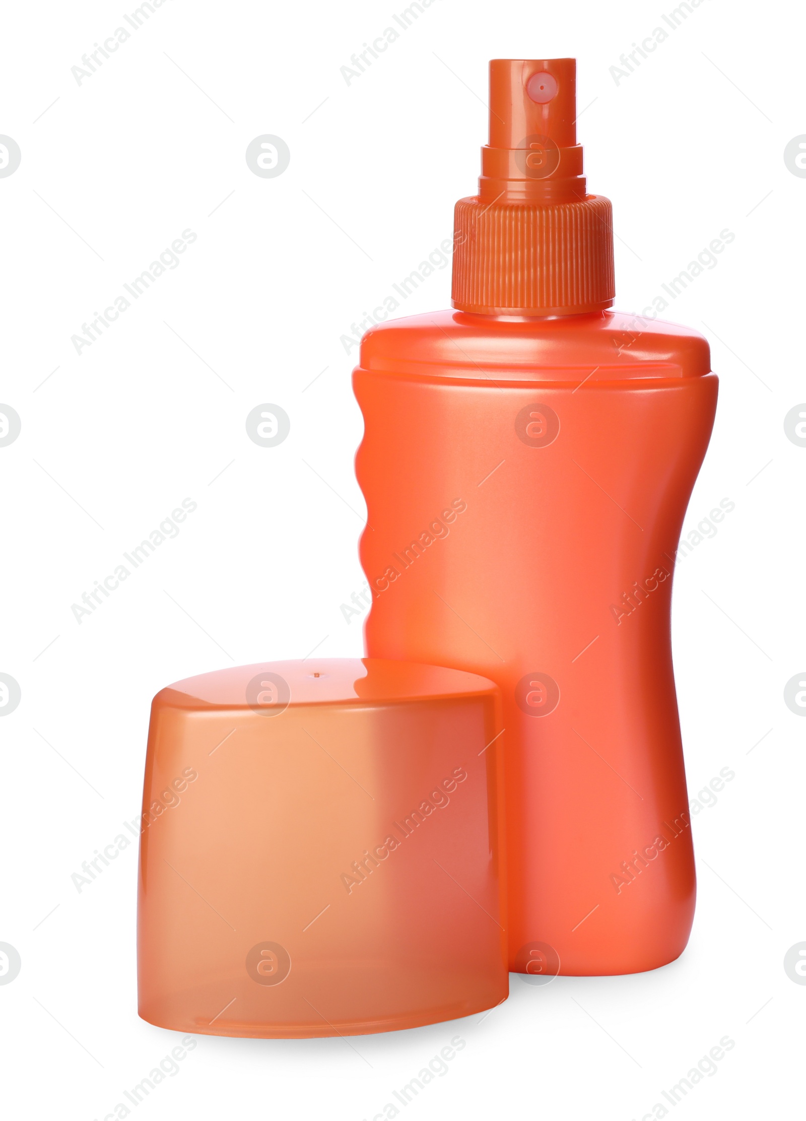 Photo of Bottle with sun protection spray isolated on white